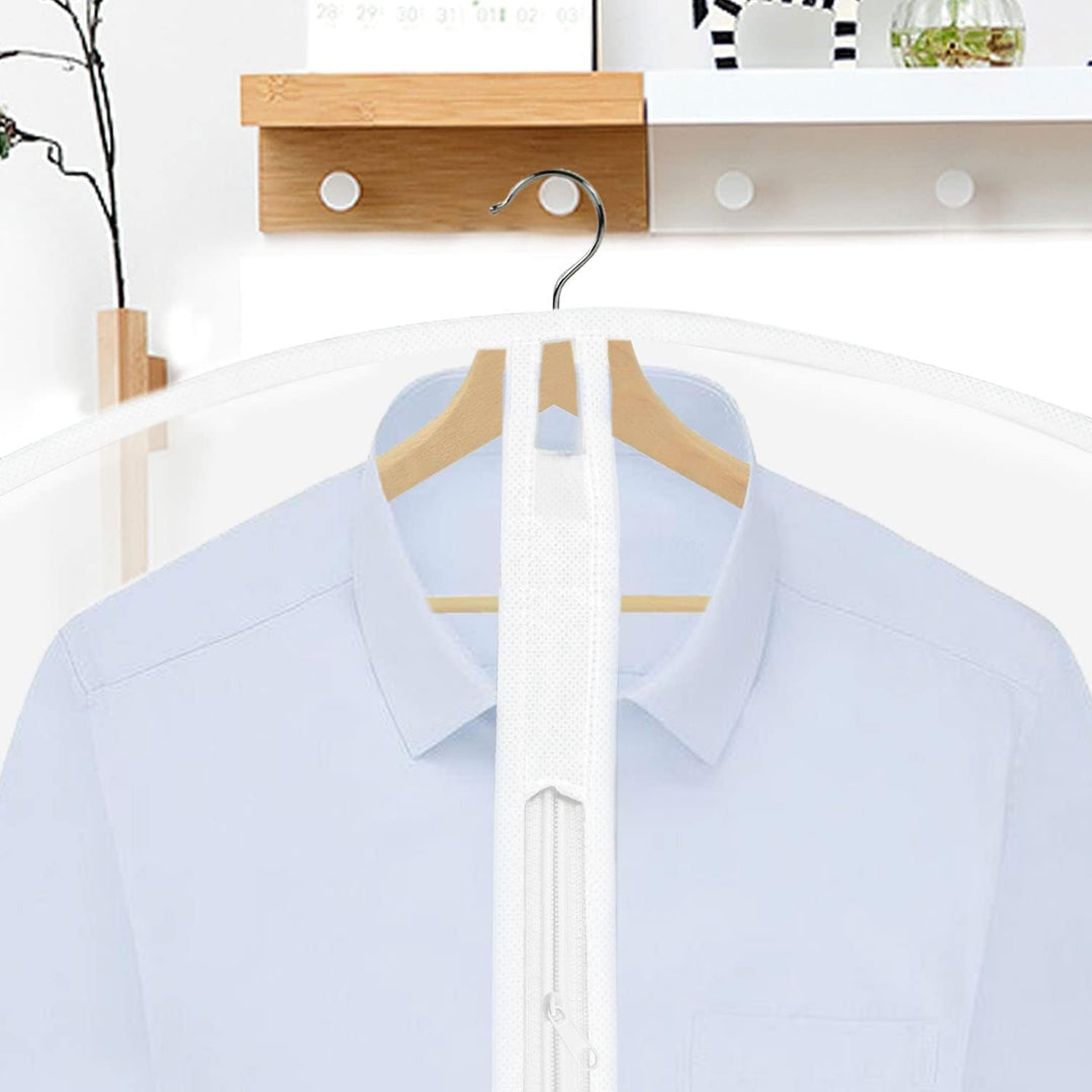Portable 70-inch dress cover for travel & closet organization of long garments.