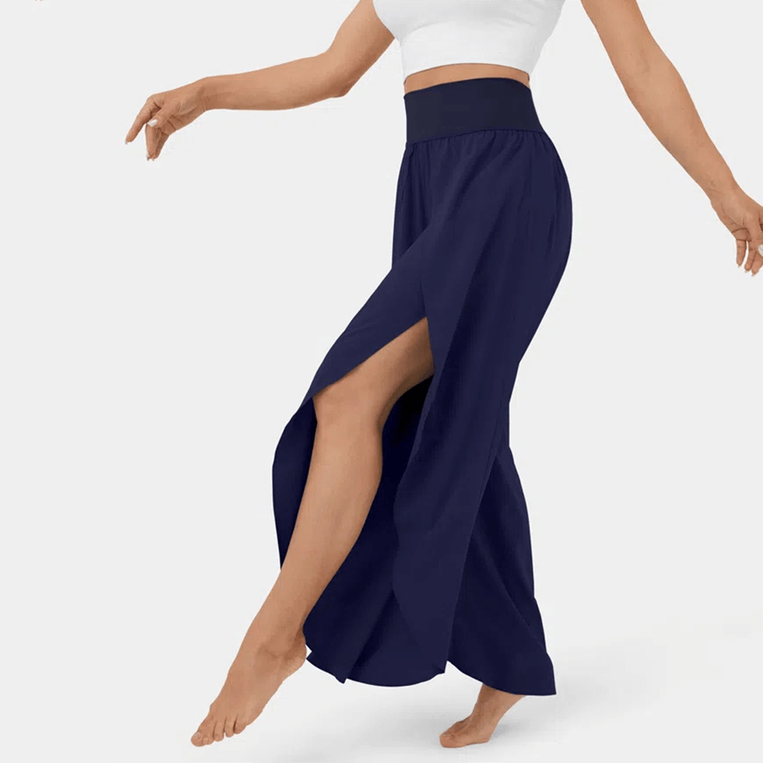 Flared Casual Trousers - High-Waisted Split Hem