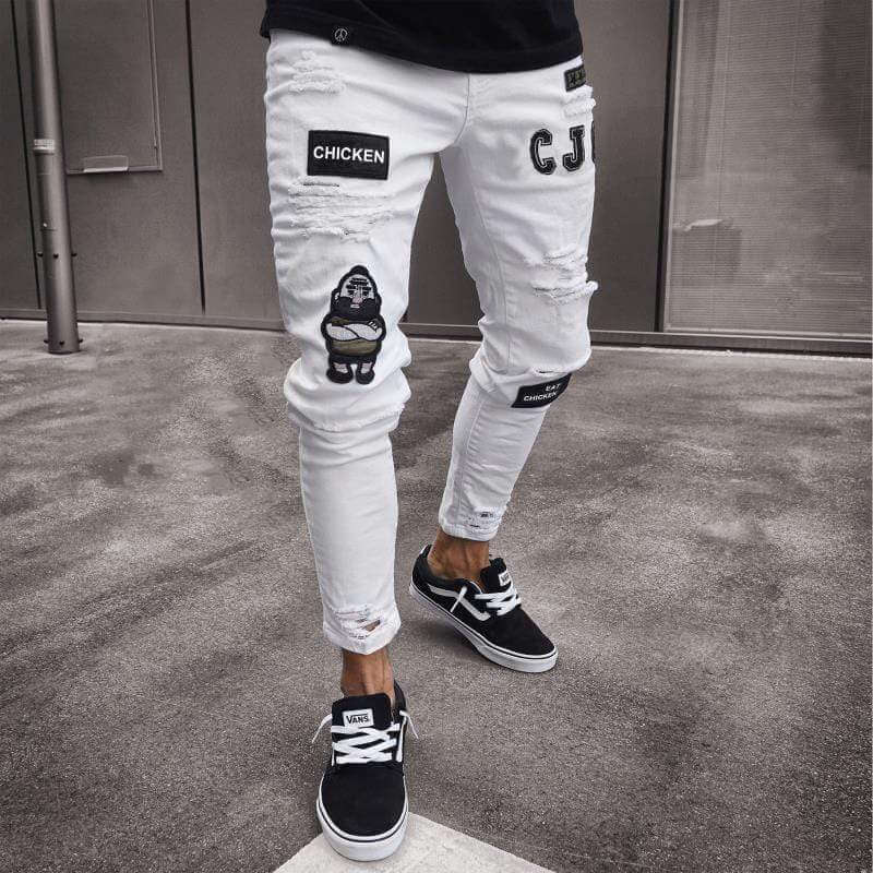 Men's Distressed Skinny Jeans with Embroidered Patches