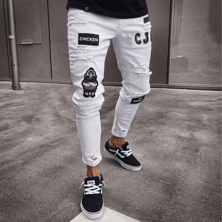 Men's Distressed Skinny Jeans with Embroidered Patches