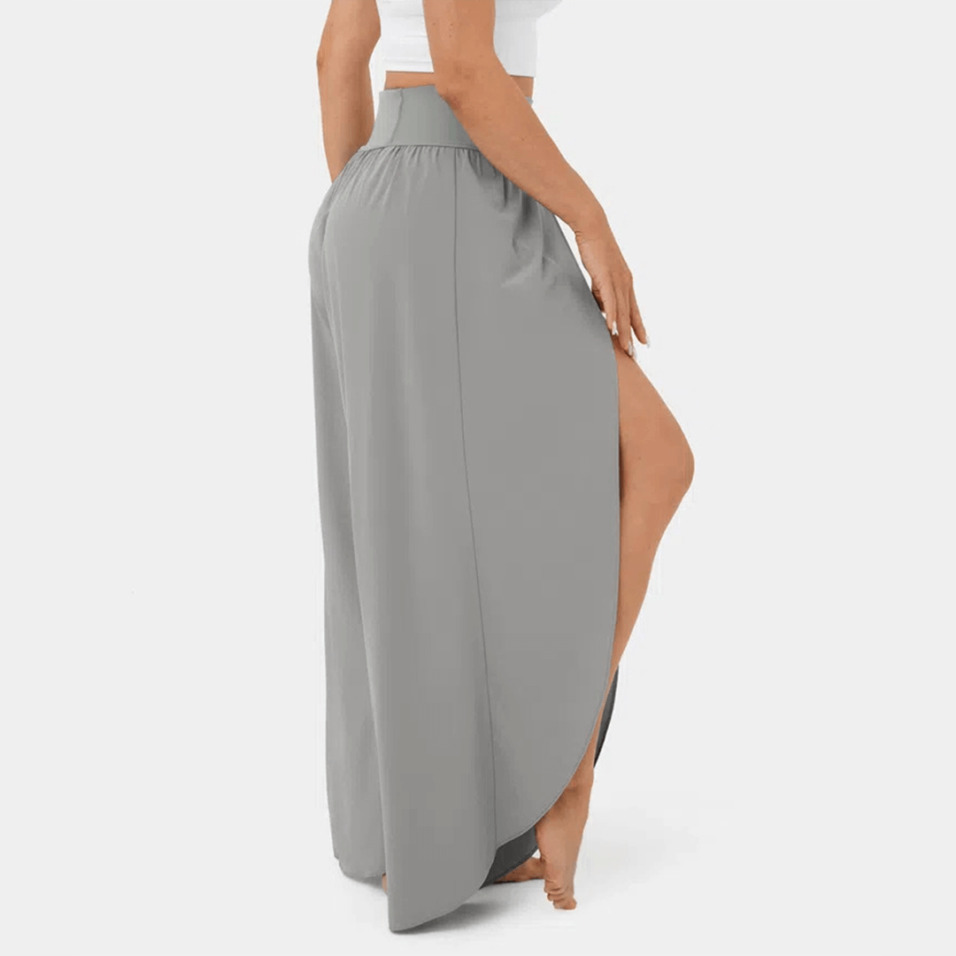 Flared Casual Trousers - High-Waisted Split Hem