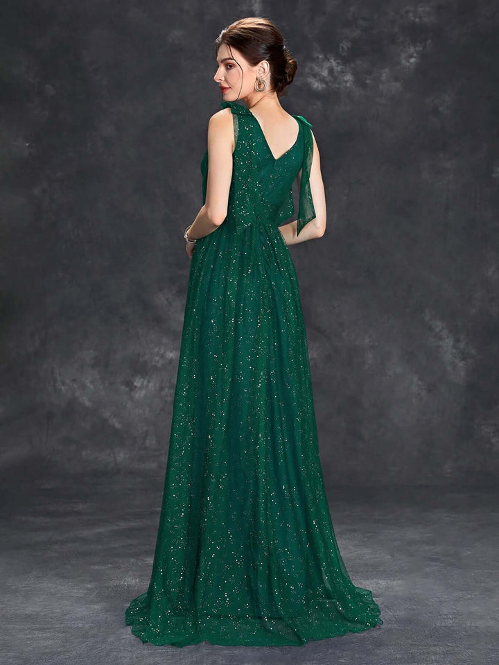 Glitter Embellished V-Neck Sleeveless Floor-Length Evening Gown