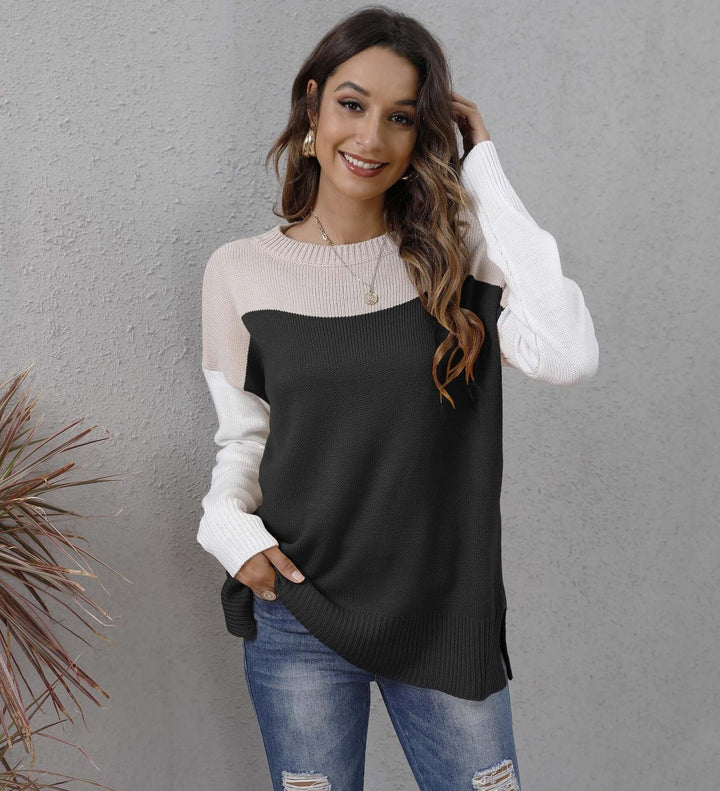 Colour Block Knit Sweater - Women's Relaxed Fit Jumper