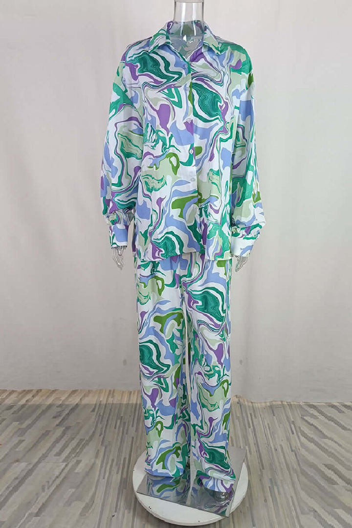 Printed Two-Piece Set with Cardigan & Pants