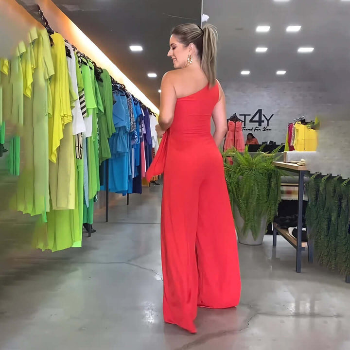 Elegant One-Shoulder Drape Wide-Leg Jumpsuit