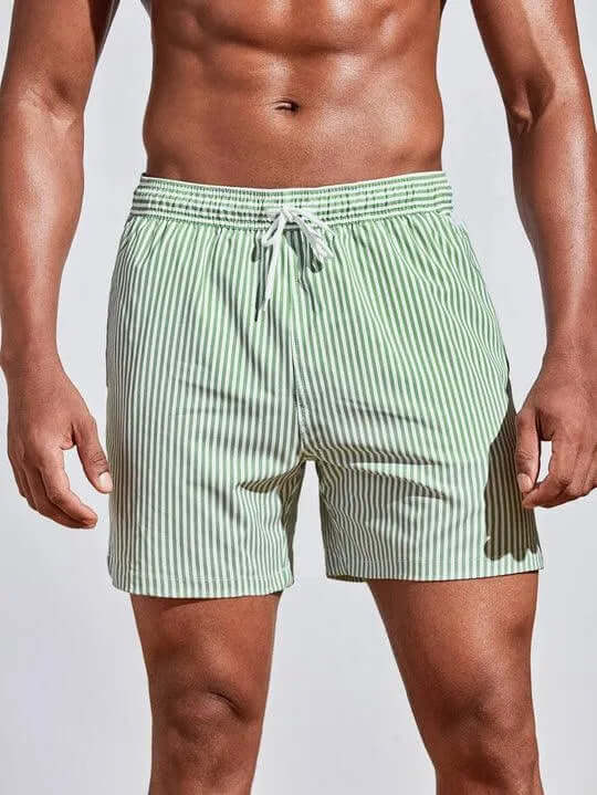 Men's Striped Quick-Dry Swim Shorts with Drawstring