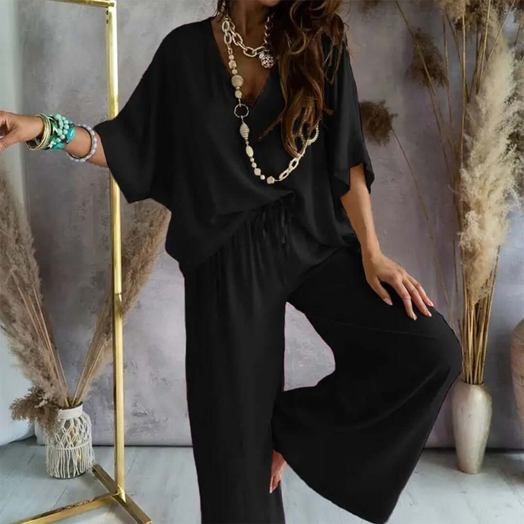 Women's 2-Piece Casual V-Neck Top and Trousers Set