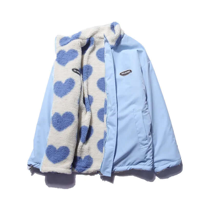 Reversible Heart-Print Coat with Plush Fleece Lining