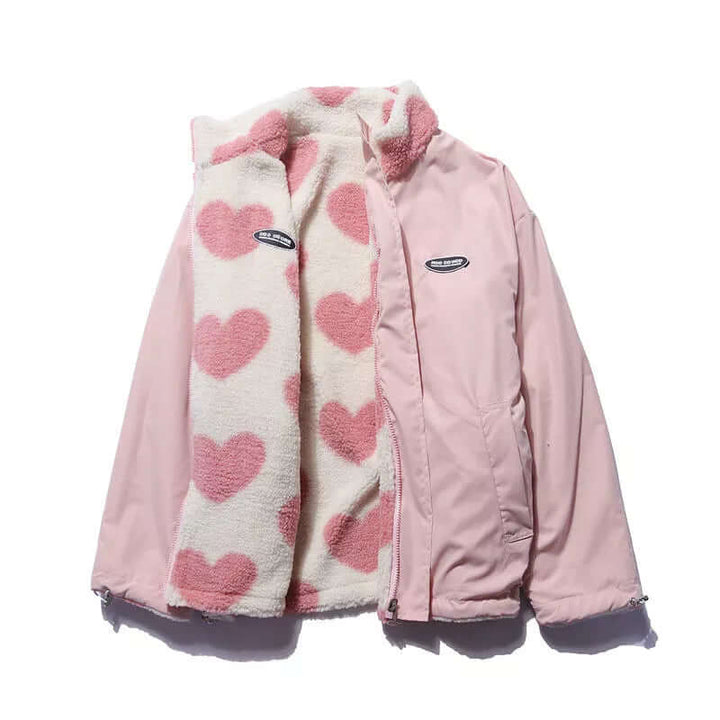Reversible Heart-Print Coat with Plush Fleece Lining