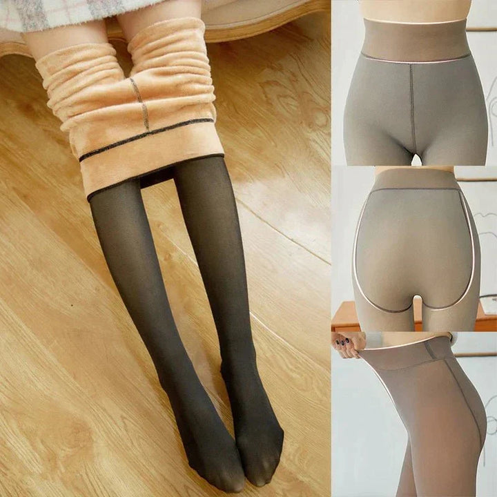 Close-up of Elena's soft, stretchy thermal winter tights, perfect warm leggings for women's fashion.