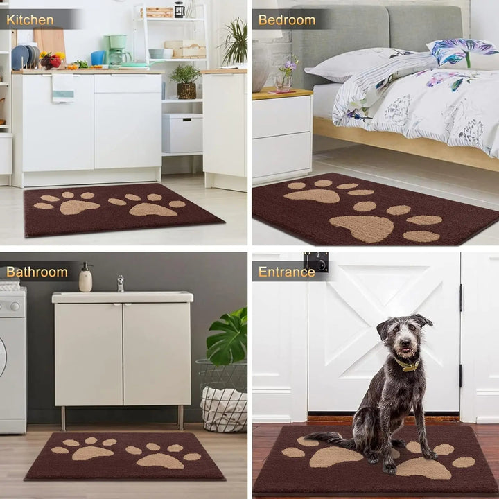 Absorbent dog door mat with non-slip backing, quick drying, chenille texture, ideal for trapping pet paws dirt and moisture.