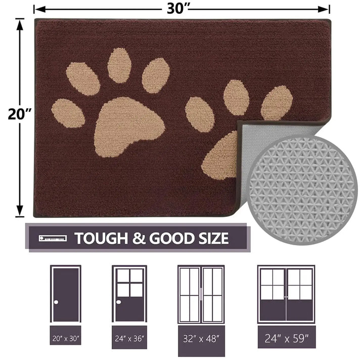 Absorbent dog door mat with non-slip backing, quick drying, chenille texture, ideal for trapping pet paws dirt and moisture.