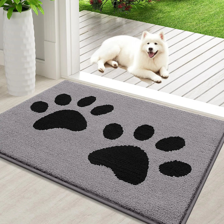 Absorbent dog door mat with non-slip backing, quick drying, chenille texture, ideal for trapping pet paws dirt and moisture.