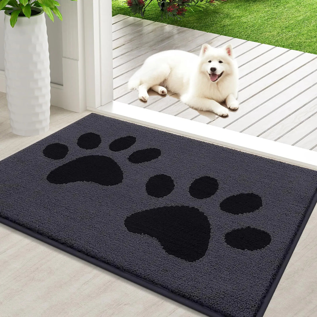 Absorbent dog door mat with non-slip backing, quick drying, chenille texture, ideal for trapping pet paws dirt and moisture.