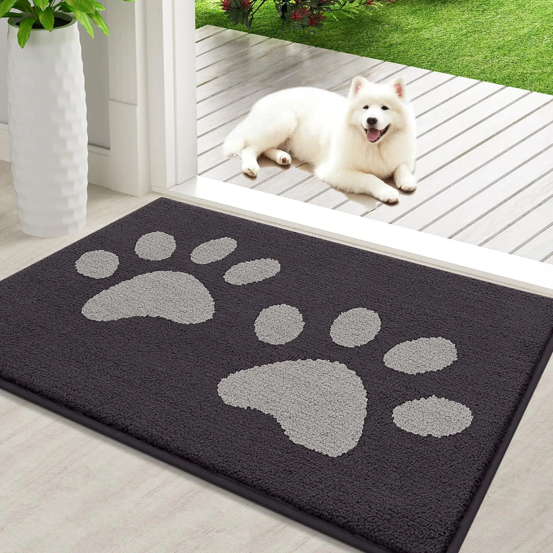 Absorbent dog door mat with non-slip backing, quick drying, chenille texture, ideal for trapping pet paws dirt and moisture.