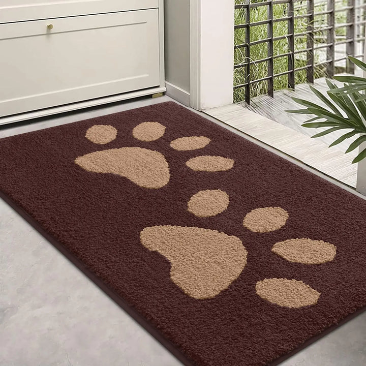 Absorbent dog door mat with non-slip backing, quick drying, chenille texture, ideal for trapping pet paws dirt and moisture.