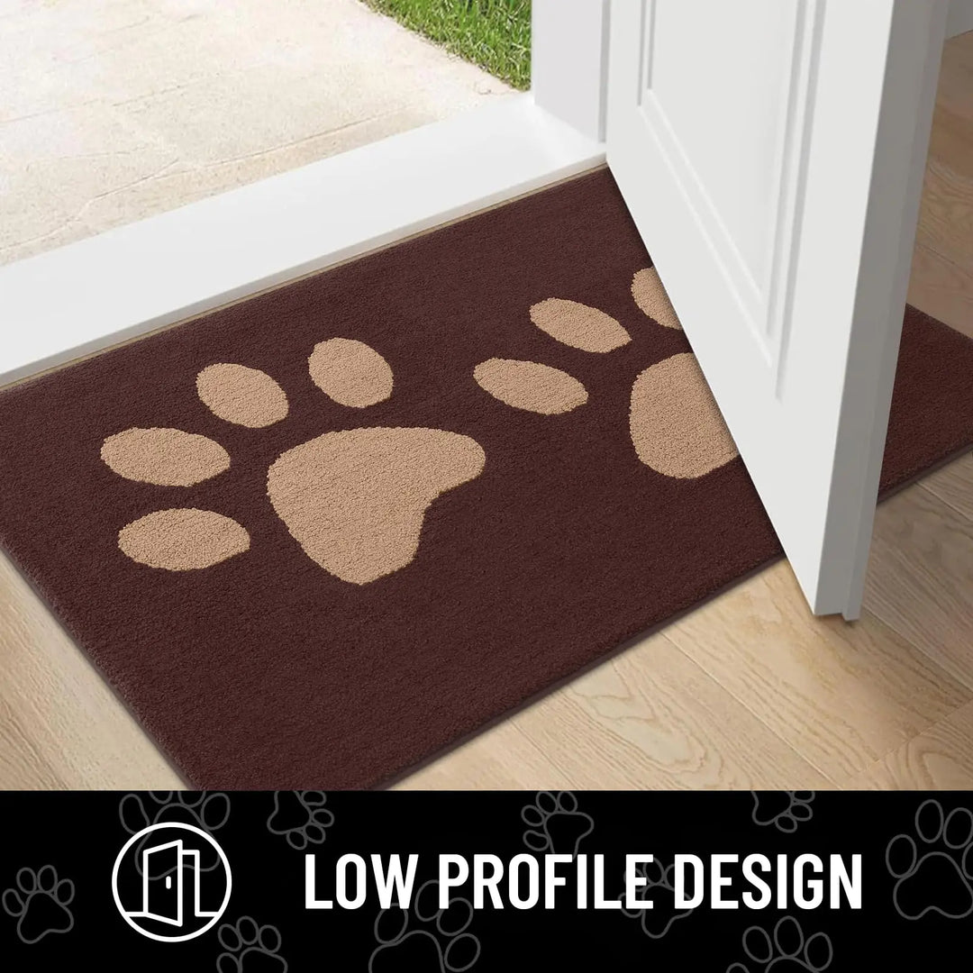 Absorbent dog door mat with non-slip backing, quick drying, chenille texture, ideal for trapping pet paws dirt and moisture.