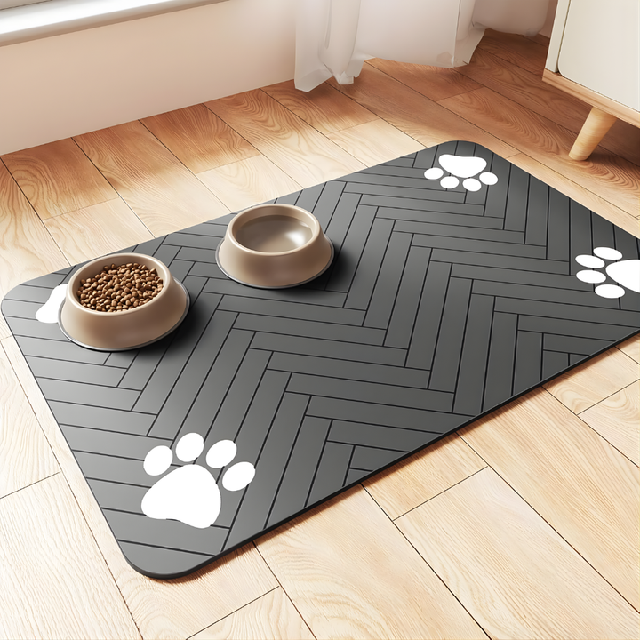 Absorbent pet feeding mat for dogs & cats, protecting floors from food & water spills.