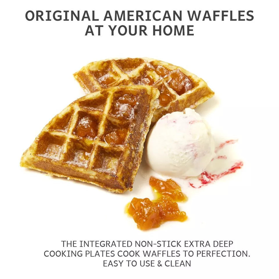 "Adjustable deep-fill non-stick Belgian waffle maker with temperature control, compact design, and easy-to-clean surface."