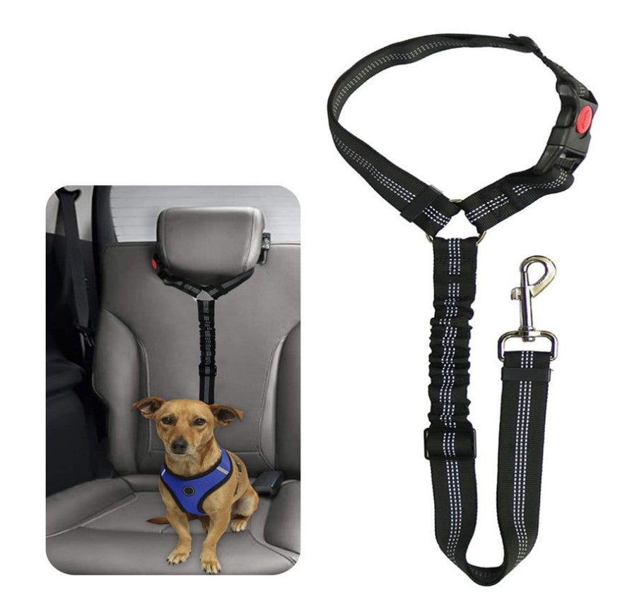 "Adjustable dog car seat belt providing safety, comfort, and tangle-free movement during car rides, easy to install."