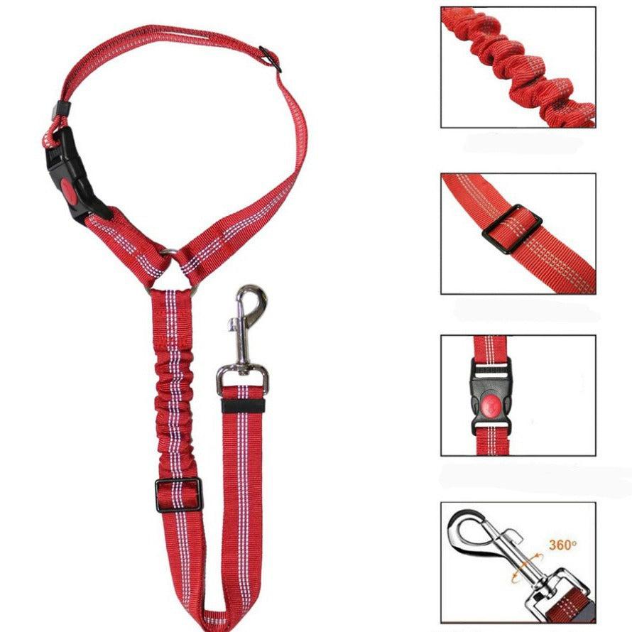 "Adjustable dog car seat belt providing safety, comfort, and tangle-free movement during car rides, easy to install."