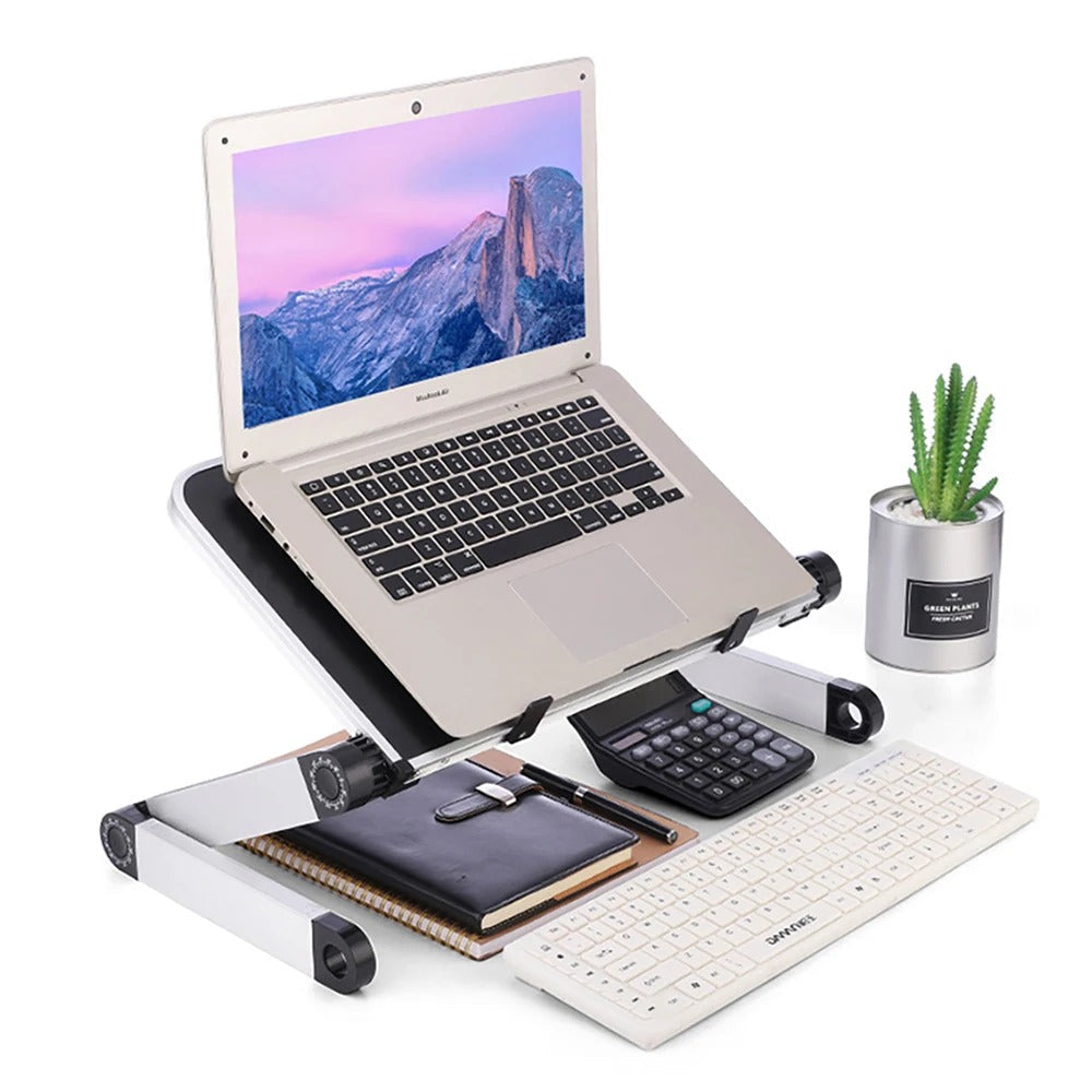 Adjustable ergonomic laptop stand with flexible height and angle. Features venting design, suitable for home or office use.