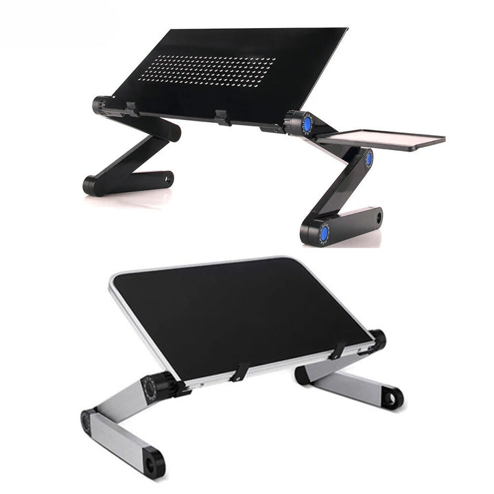 Adjustable ergonomic laptop stand with flexible height and angle. Features venting design, suitable for home or office use.