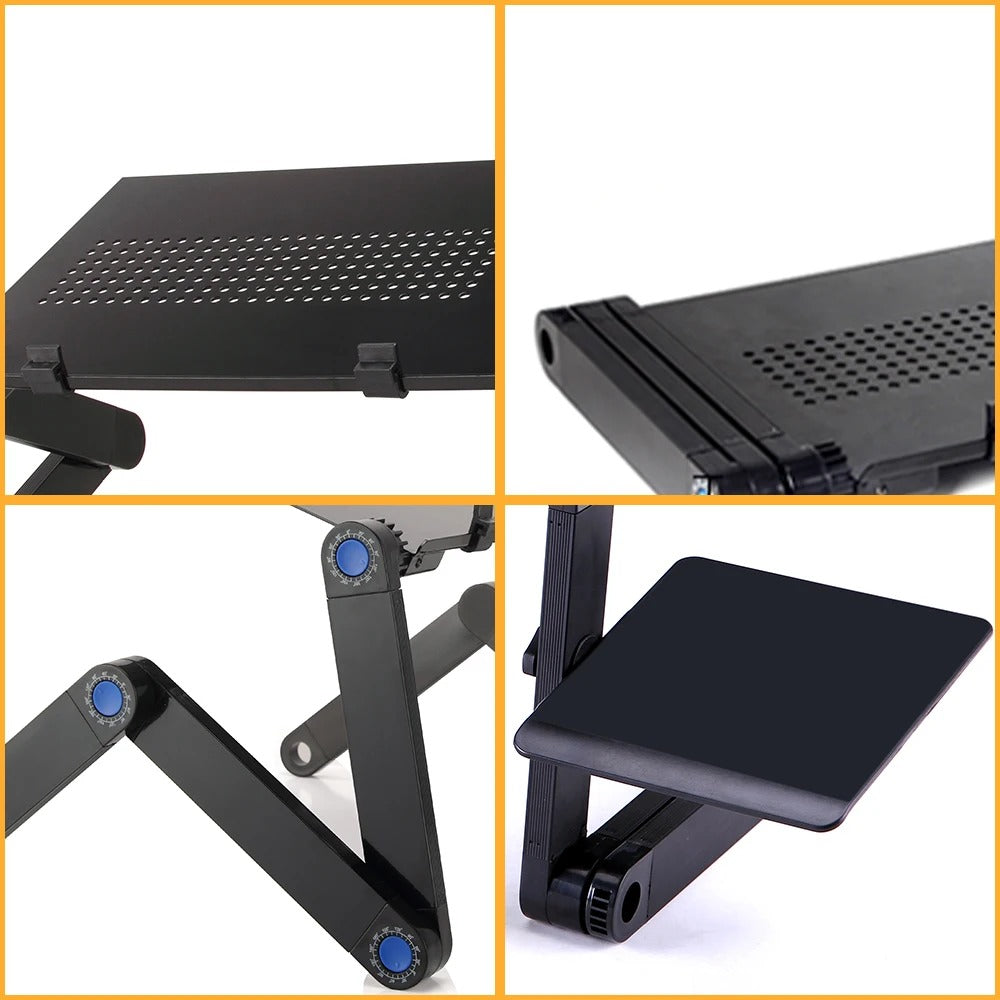 Adjustable ergonomic laptop stand with flexible height and angle. Features venting design, suitable for home or office use.
