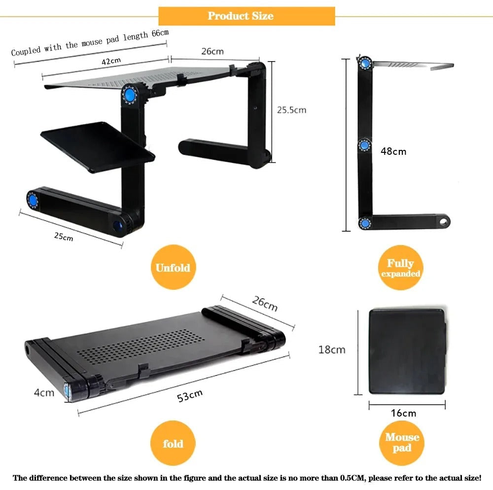 Adjustable ergonomic laptop stand with flexible height and angle. Features venting design, suitable for home or office use.