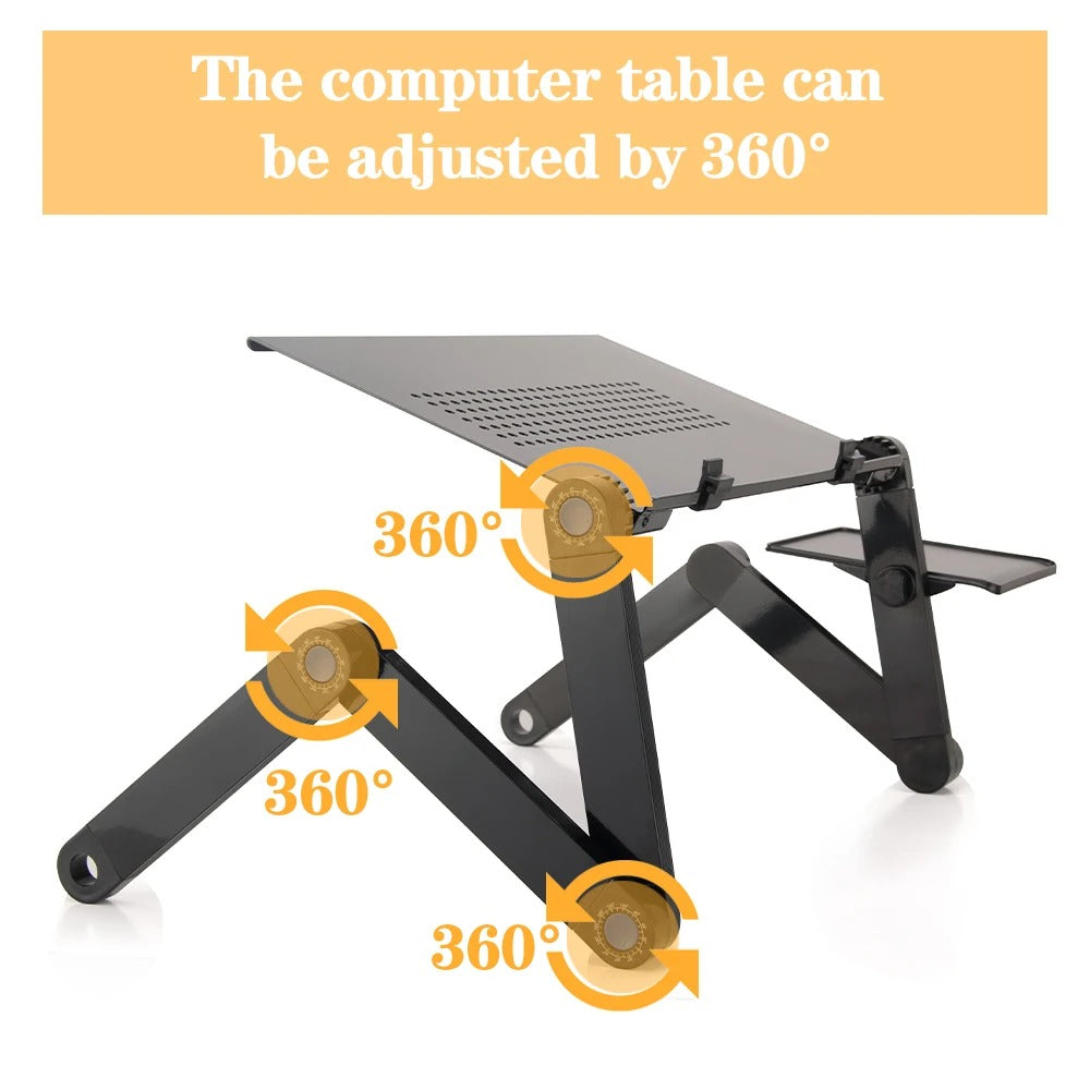 Adjustable ergonomic laptop stand with flexible height and angle. Features venting design, suitable for home or office use.