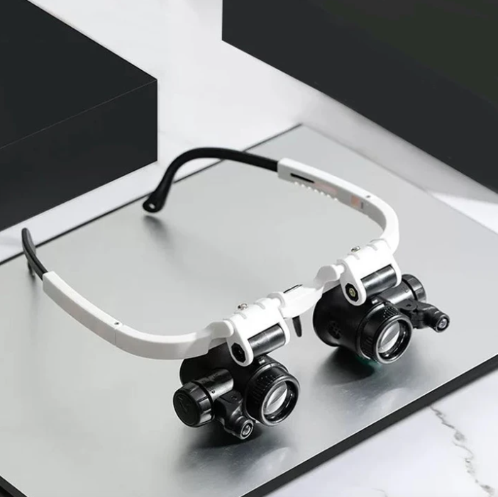 Hands-free LED magnifying visor, 8x-23x zoom, ideal for detail work, jewelry inspection & hobbies.