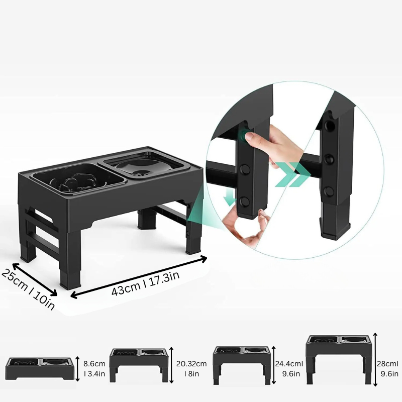 "Adjustable pet feeding station with stainless bowl, slow feeder, ergonomic height settings, durable and dishwasher-safe."
