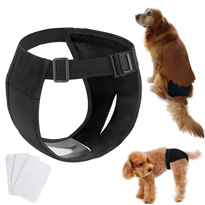 "Adjustable sanitary pants for dogs, soft cotton with waistband, ensures leak protection and freedom of movement."