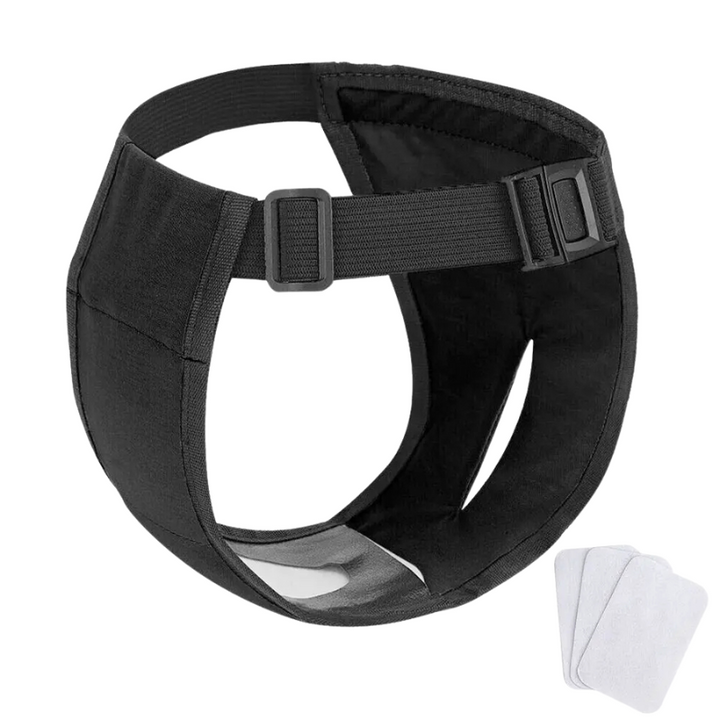 "Adjustable sanitary pants for dogs, soft cotton with waistband, ensures leak protection and freedom of movement."
