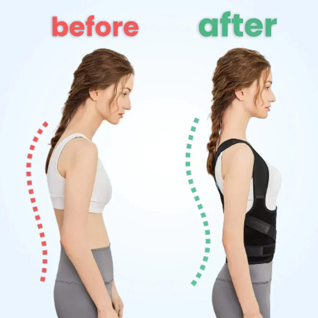 "Adjustable unisex posture corrector for improved back alignment; breathable, lightweight, and invisible under clothing."