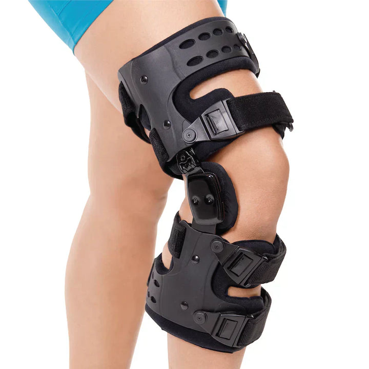 "Adjustable Unloader Knee Brace for Osteoarthritis, black with medial and lateral support, universal fit for men and women."