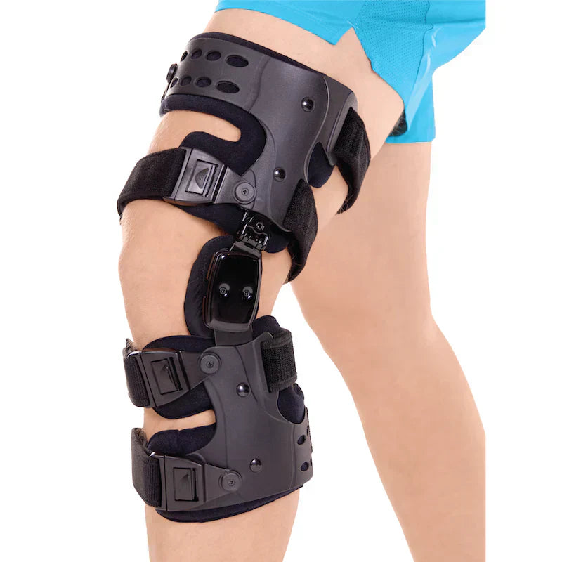 "Adjustable Unloader Knee Brace for Osteoarthritis, black with medial and lateral support, universal fit for men and women."