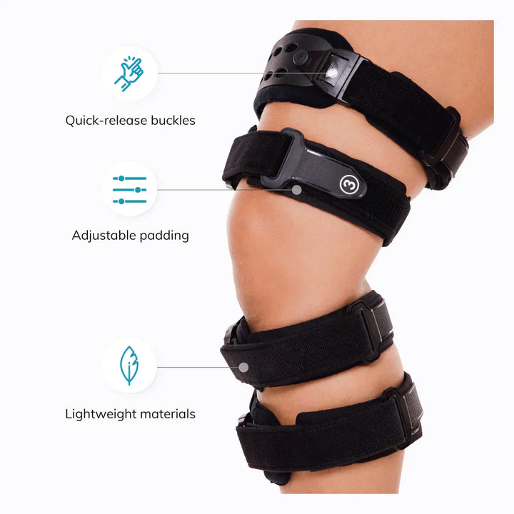 "Adjustable Unloader Knee Brace for Osteoarthritis, black with medial and lateral support, universal fit for men and women."
