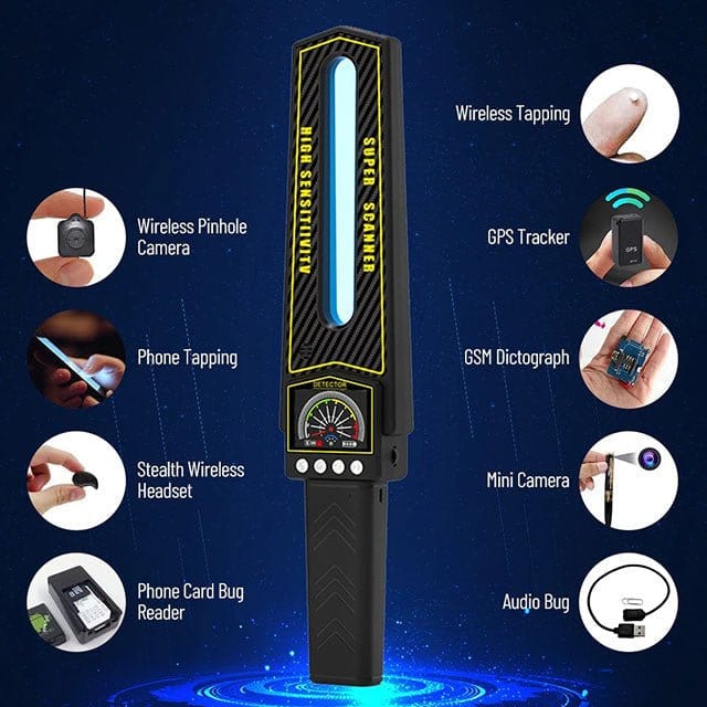 Advanced GPS bug detector with sleek design, 12 LED lights, and wireless signal detection, ideal for privacy protection.