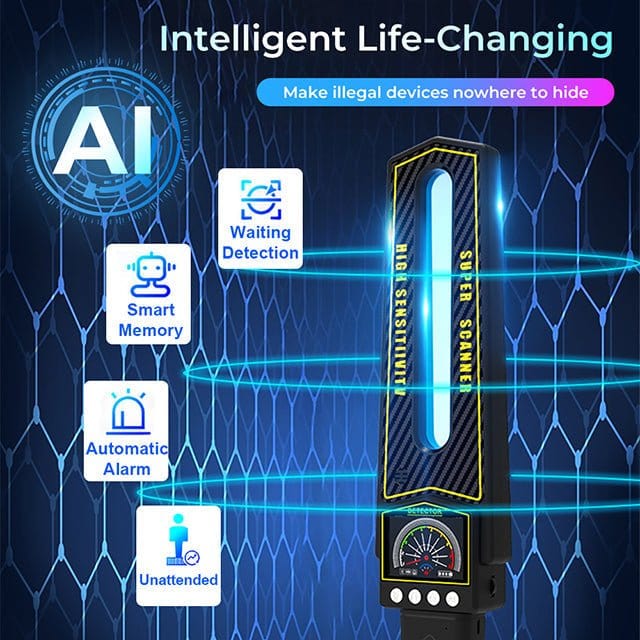 Advanced GPS bug detector with sleek design, 12 LED lights, and wireless signal detection, ideal for privacy protection.