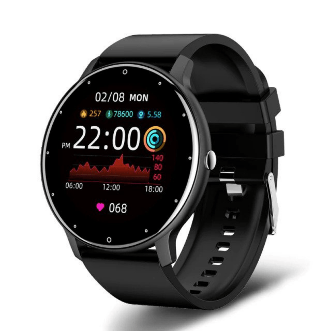 Waterproof fitness tracker smartwatch with activity monitoring, heart rate, and sleep tracking features.