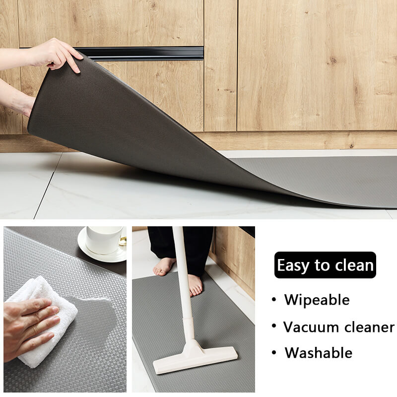"Anti-slip waterproof kitchen rug with comfort cushioning, durable PVC, two-sided no-slip design, in grey rhombus pattern."