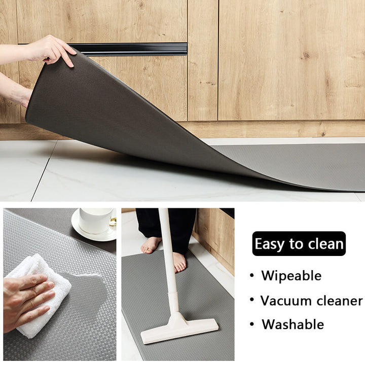 "Anti-slip waterproof kitchen rug with comfort cushioning, durable PVC, two-sided no-slip design, in grey rhombus pattern."