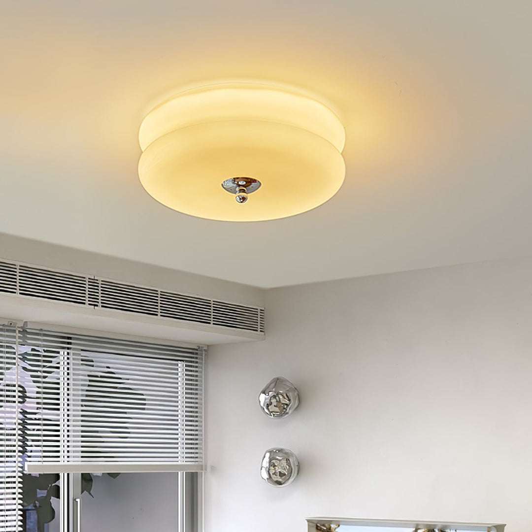 "Art Deco ceiling light with integrated LED, featuring geometric design in iron, metal, and glass for vintage elegance."
