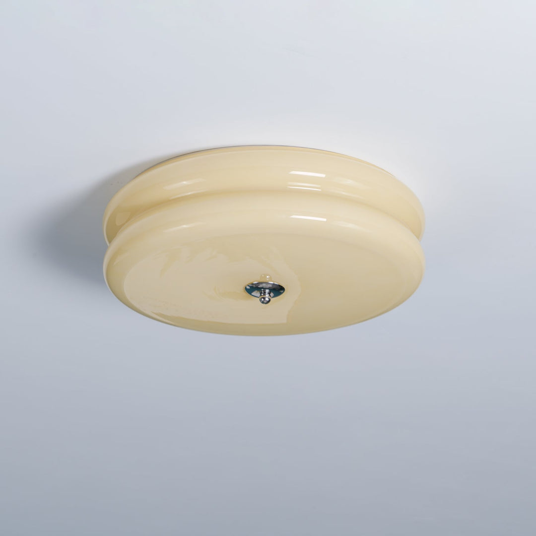 "Art Deco ceiling light with integrated LED, featuring geometric design in iron, metal, and glass for vintage elegance."