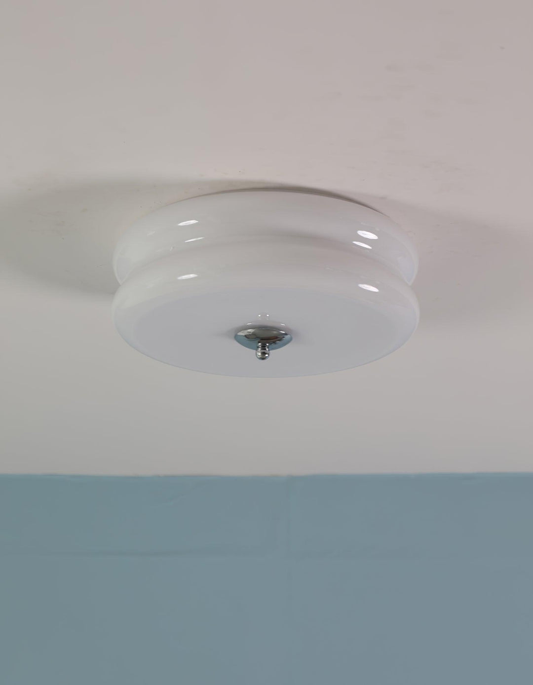 "Art Deco ceiling light with integrated LED, featuring geometric design in iron, metal, and glass for vintage elegance."
