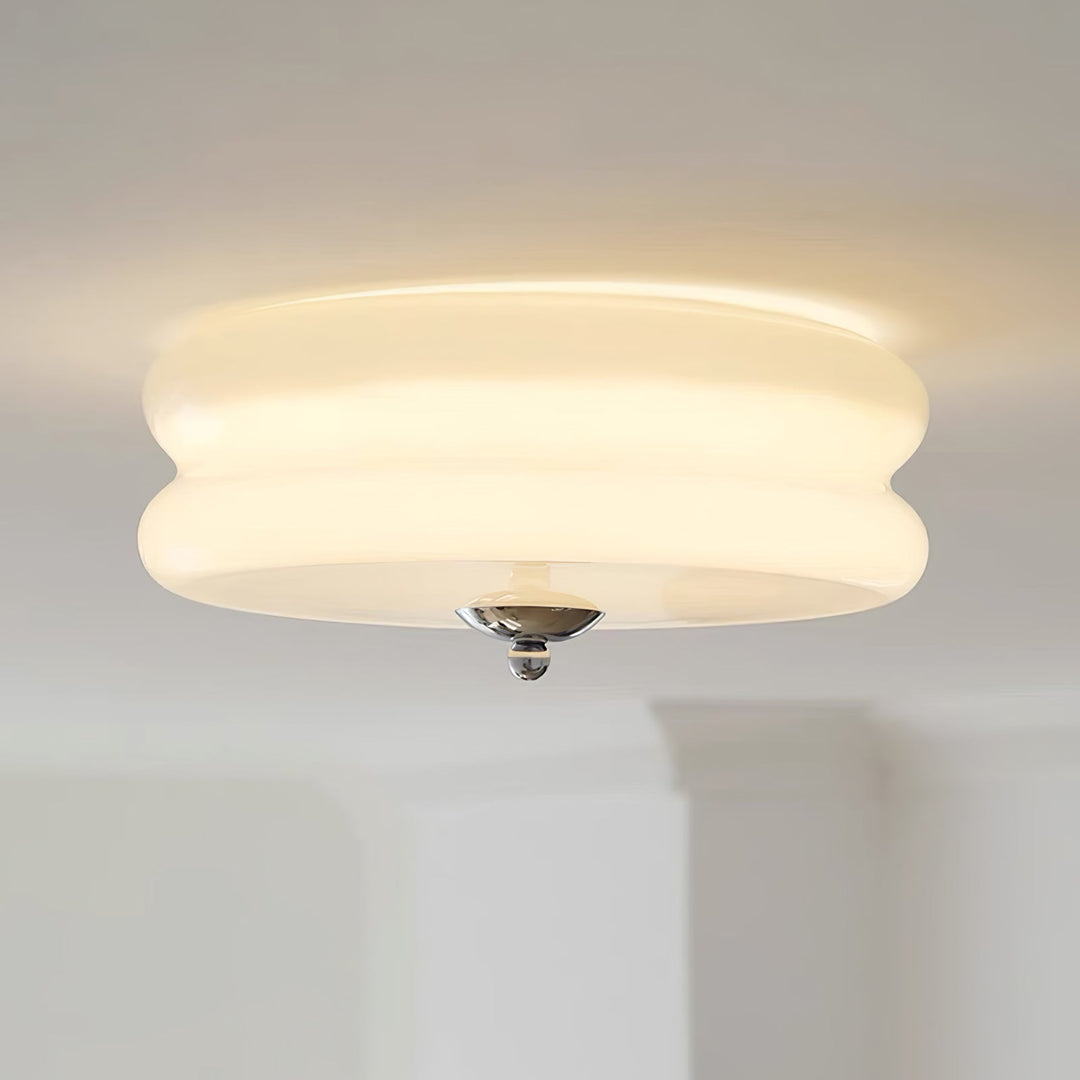 "Art Deco ceiling light with integrated LED, featuring geometric design in iron, metal, and glass for vintage elegance."