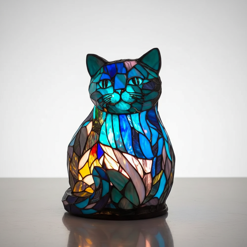 Stained glass animal table lamp, artistic piece creating a warm and ambient light for living spaces.