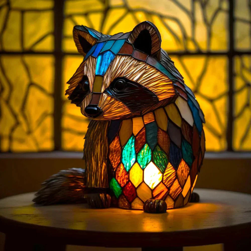 Whimsical animal table lamp, stained glass artistry creating a charming focal point in home decor.