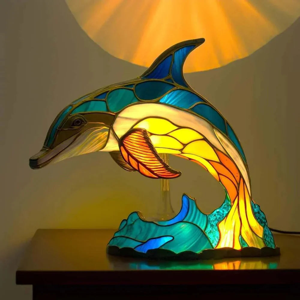 Artistic stained glass animal lamp, colorful home decor, ambient lighting for tables.